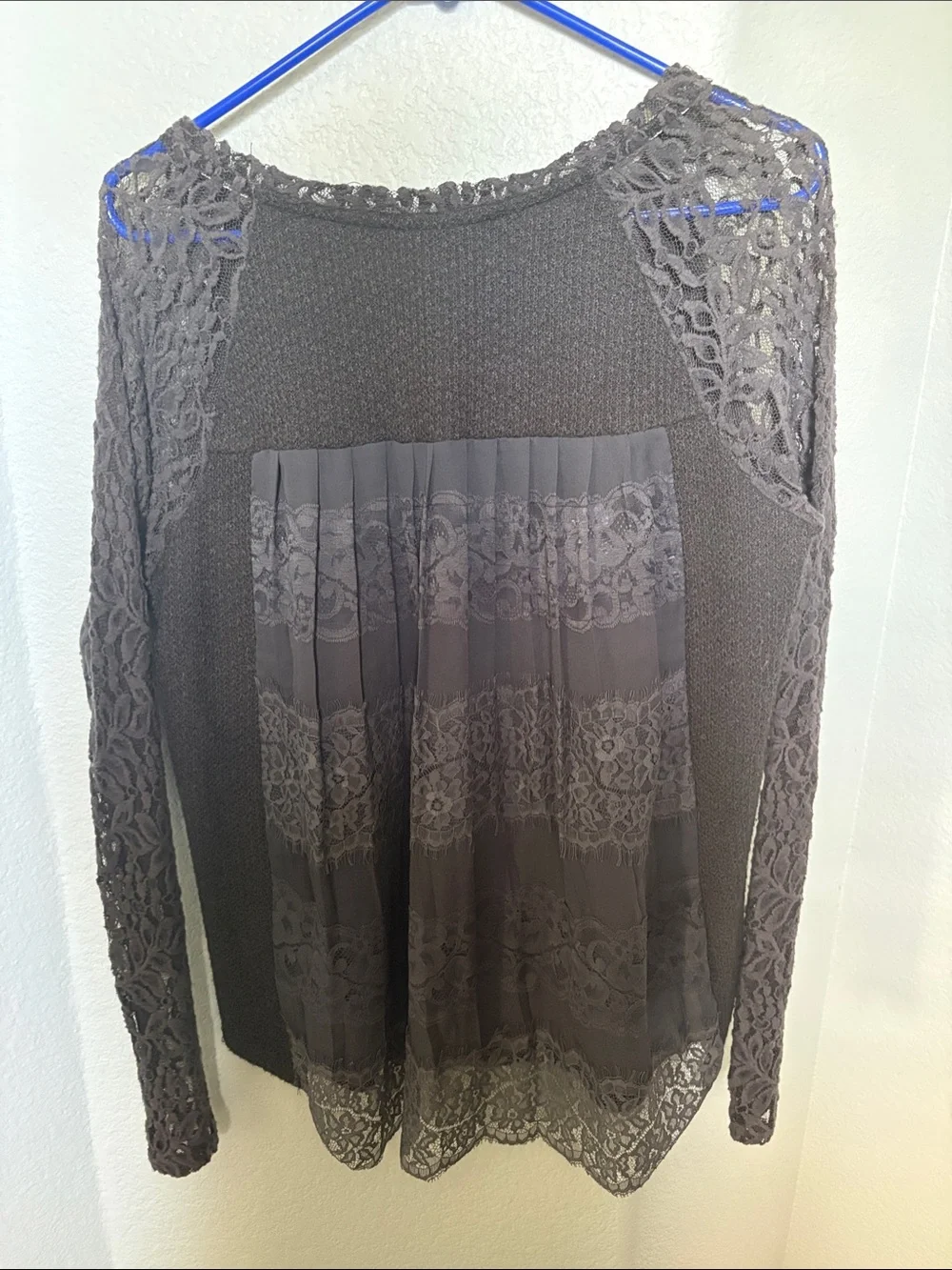 Anthro One September Gray Lace Sleeve Knit Top